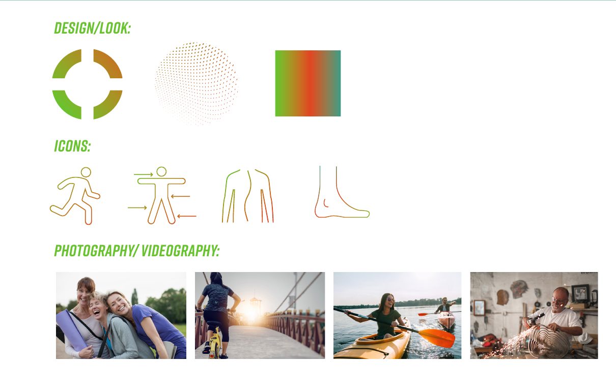 Brand guidelines page with the ring mark, halftone pattern, gradient, icon set, and photography direction